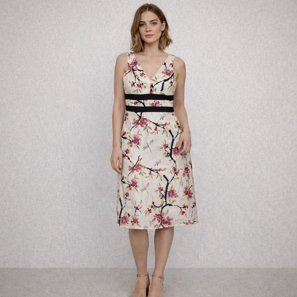 Vintage Ivory 100% Silk Floral Cherry Blossom Midi Dress High Waist Sleeveless 6